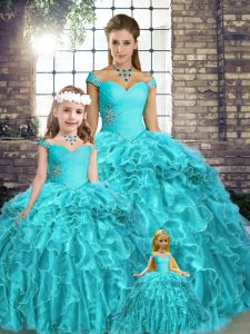 Sumptuous Aqua Blue Ball Gowns Beading and Ruffles Quince Ball Gowns Lace Up Organza Sleeveless