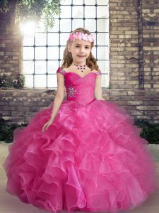 Lovely Hot Pink Sleeveless Beading and Ruffles Floor Length Little Girls Pageant Gowns