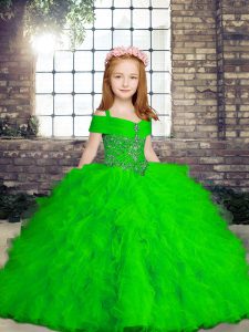 Straps Sleeveless Little Girls Pageant Dress Wholesale Floor Length Beading and Ruffles Green Tulle