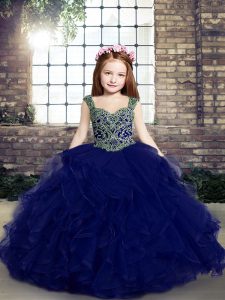 Blue Ball Gowns Tulle Straps Sleeveless Beading and Ruffles Floor Length Lace Up Kids Formal Wear