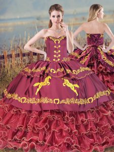 Burgundy Ball Gowns Embroidery and Ruffled Layers Sweet 16 Dress Lace Up Satin and Organza Sleeveless