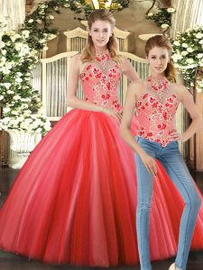 Eye-catching Coral Red Sleeveless Floor Length Embroidery Lace Up Sweet 16 Quinceanera Dress