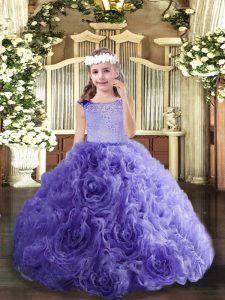 Customized Scoop Sleeveless Lace Up Girls Pageant Dresses Lavender Fabric With Rolling Flowers