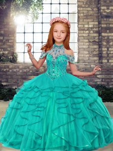 Attractive Turquoise Little Girl Pageant Dress Party and Wedding Party with Beading and Ruffles High-neck Sleeveless Lac