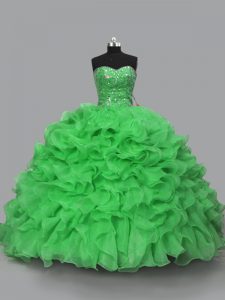 Green Sleeveless Floor Length Beading and Ruffles Lace Up Sweet 16 Dresses