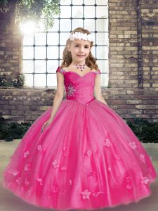 Hot Pink Child Pageant Dress Party and Wedding Party with Beading and Hand Made Flower Straps Sleeveless Lace Up