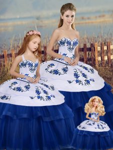 Artistic Sleeveless Floor Length Embroidery and Bowknot Lace Up 15 Quinceanera Dress with Royal Blue