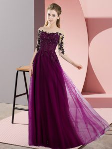 Edgy Fuchsia Chiffon Lace Up Bateau Half Sleeves Floor Length Quinceanera Dama Dress Beading and Lace