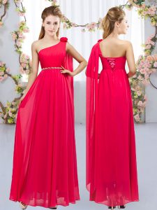 Red Sleeveless Beading and Hand Made Flower Floor Length Wedding Party Dress