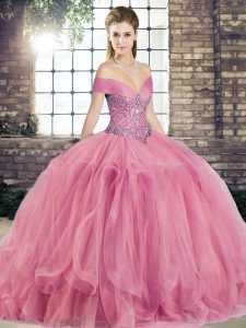 Tulle Off The Shoulder Sleeveless Lace Up Beading and Ruffles Vestidos de Quinceanera in Watermelon Red
