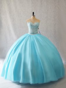 Low Price Ball Gowns Quinceanera Dress Aqua Blue Sweetheart Tulle Sleeveless Floor Length Lace Up
