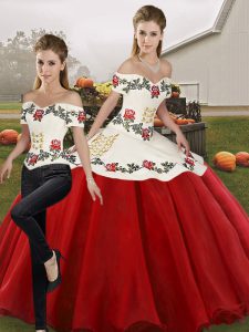 Pretty Two Pieces Sweet 16 Dresses White And Red Off The Shoulder Organza Sleeveless Floor Length Lace Up