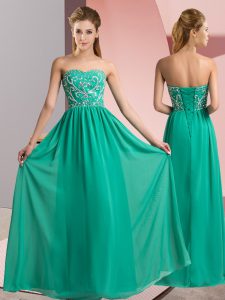 Sleeveless Floor Length Beading Lace Up Evening Dress with Turquoise