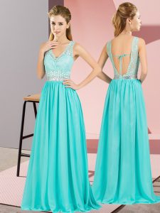 Fine Aqua Blue Sleeveless Beading and Lace and Appliques Floor Length Homecoming Dress