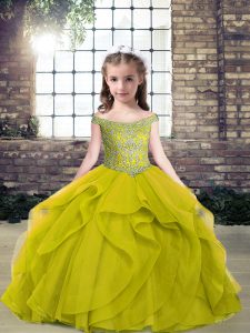 Olive Green Tulle Lace Up Off The Shoulder Sleeveless Floor Length Little Girls Pageant Dress Beading