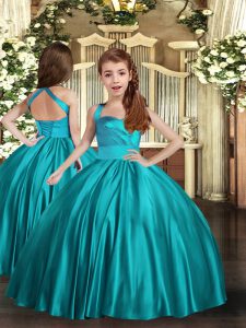 Perfect Teal Ball Gowns Satin Straps Sleeveless Ruching Floor Length Lace Up Pageant Gowns For Girls