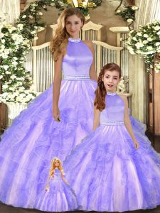 Custom Design Tulle Halter Top Sleeveless Backless Beading and Ruffles Quinceanera Gown in Lavender