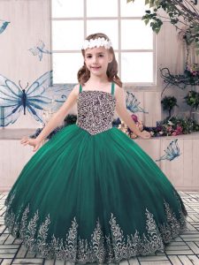 Green Sleeveless Beading and Embroidery Floor Length Little Girls Pageant Dress