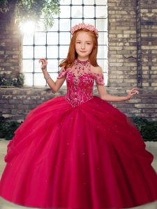 Sleeveless Tulle Floor Length Lace Up Little Girls Pageant Gowns in Hot Pink with Beading