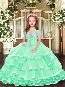 High Class Apple Green Lace Up Straps Beading and Ruffled Layers Kids Pageant Dress Tulle Sleeveless