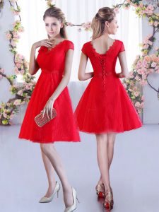 Inexpensive Cap Sleeves Mini Length Lace Lace Up Wedding Guest Dresses with Red