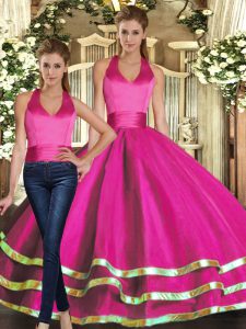 Latest Strapless Sleeveless Lace Up Sweet 16 Quinceanera Dress Fuchsia Tulle