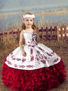 Wine Red Straps Lace Up Embroidery and Ruffles Kids Formal Wear Sleeveless