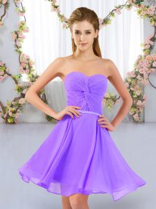 Sleeveless Chiffon Mini Length Lace Up Damas Dress in Lavender with Ruching