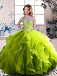 Custom Made Olive Green Ball Gowns Tulle Scoop Sleeveless Beading and Ruffles Floor Length Lace Up Quince Ball Gowns