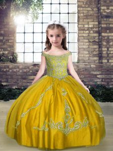 Superior Olive Green Lace Up Little Girls Pageant Dress Beading Sleeveless Floor Length