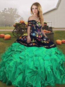 Off The Shoulder Sleeveless Organza Quinceanera Dress Embroidery and Ruffles Lace Up