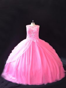 Inexpensive Rose Pink Ball Gowns Scoop Sleeveless Tulle Court Train Lace Up Beading Vestidos de Quinceanera
