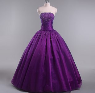 Deluxe Eggplant Purple Quinceanera Gowns Sweet 16 and Quinceanera with Beading and Ruching Strapless Sleeveless Lace Up