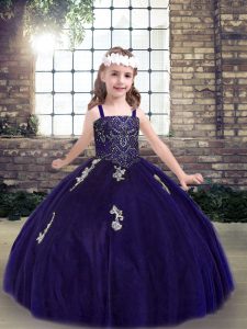 Most Popular Purple Sleeveless Floor Length Appliques Lace Up Girls Pageant Dresses