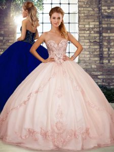 Sleeveless Tulle Floor Length Lace Up Quinceanera Gown in Pink with Beading and Embroidery