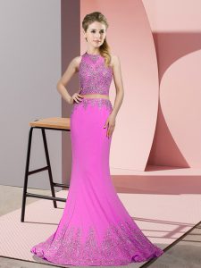 Sleeveless Sweep Train Zipper Beading and Appliques Prom Evening Gown