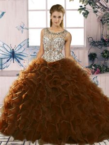 Brown Ball Gowns Beading and Ruffles Sweet 16 Quinceanera Dress Lace Up Organza Sleeveless Floor Length