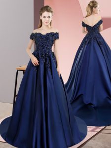 Fantastic A-line Sweet 16 Dresses Navy Blue Off The Shoulder Satin Sleeveless Lace Up