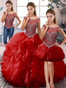 Glamorous Red Organza Lace Up Scoop Sleeveless Floor Length Quinceanera Dress Beading and Ruffles