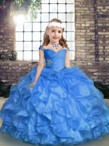 Blue Straps Lace Up Beading and Ruffles and Ruching Glitz Pageant Dress Sleeveless