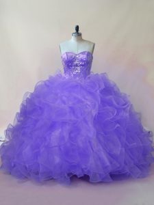 Nice Lavender Ball Gowns Sweetheart Sleeveless Organza Floor Length Lace Up Beading and Ruffles 15 Quinceanera Dress