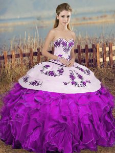 Fantastic White And Purple Sweetheart Lace Up Embroidery and Ruffles and Bowknot Sweet 16 Dress Sleeveless