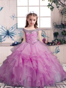 Ball Gowns Pageant Gowns For Girls Lilac Off The Shoulder Organza Sleeveless Floor Length Lace Up