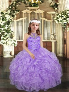 Lavender Ball Gowns Halter Top Sleeveless Organza Floor Length Lace Up Beading and Ruffles Little Girl Pageant Dress