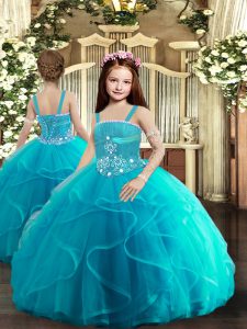Straps Sleeveless Little Girl Pageant Dress Floor Length Beading and Ruffles Baby Blue Tulle