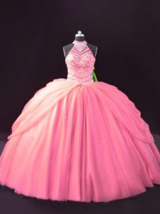 Latest Pink Ball Gowns Halter Top Sleeveless Tulle Lace Up Beading and Pick Ups Quinceanera Dress