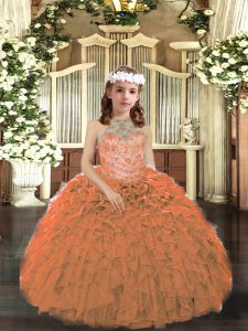 Lovely Orange Halter Top Neckline Beading and Ruffles Pageant Dress Wholesale Sleeveless Lace Up