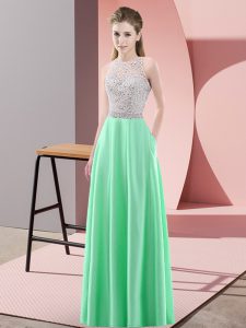 Apple Green Sleeveless Floor Length Beading Backless Prom Dresses