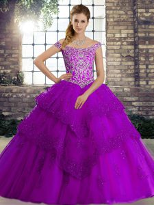 Extravagant Sleeveless Beading and Lace Lace Up Quinceanera Dresses with Purple Brush Train