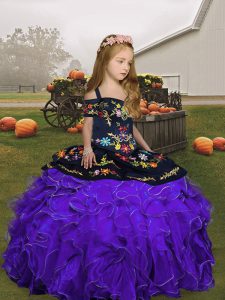 Purple Lace Up Girls Pageant Dresses Embroidery and Ruffles Sleeveless Floor Length